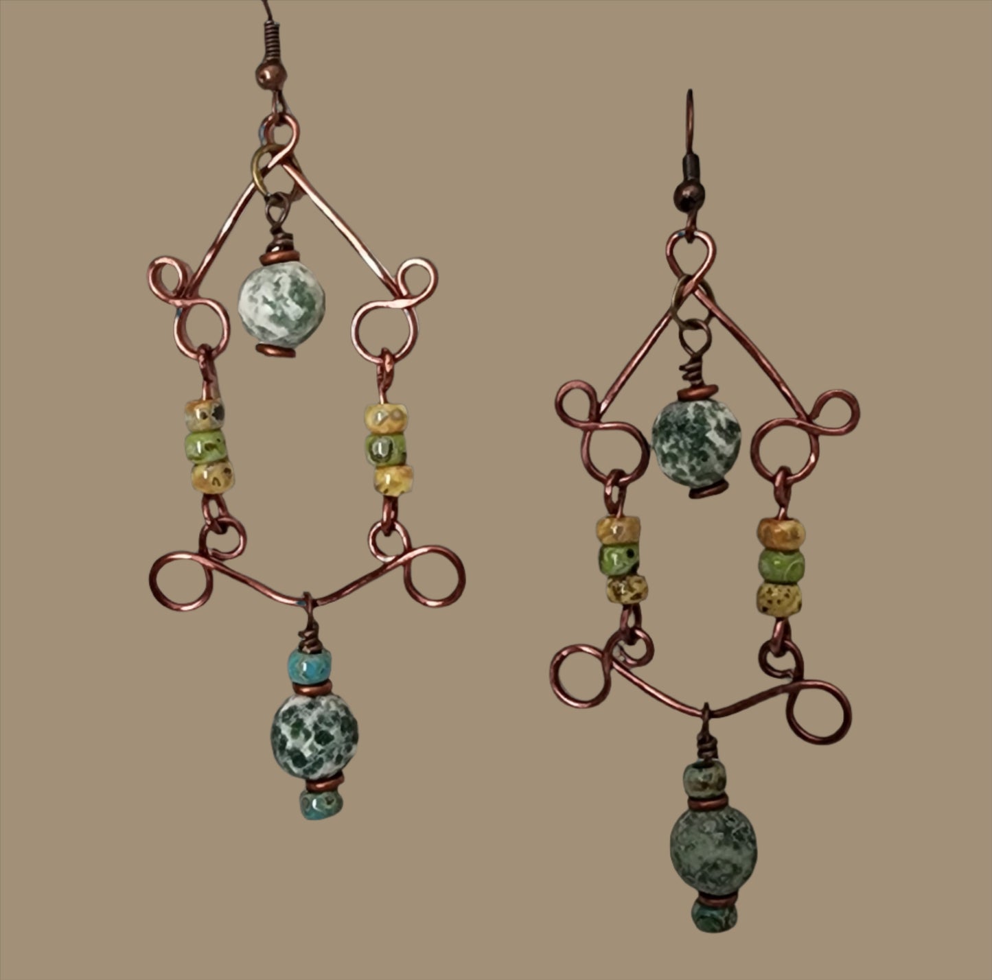 Hand Forged Earrings with Copper Wire and Picasso beads - Wolf Moon Designs