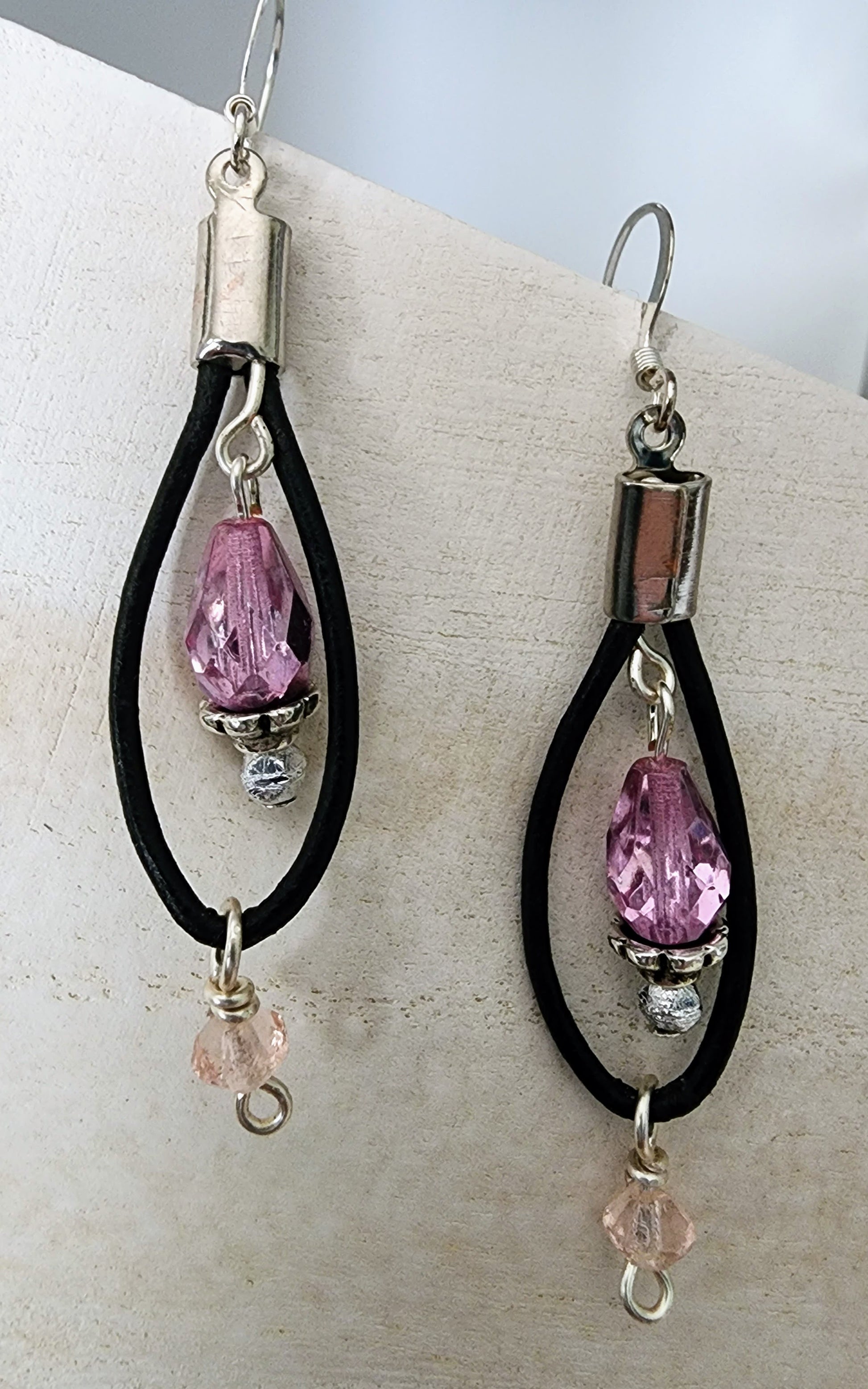 Leather Loop Earrings with Pink Accents - Wolf Moon Designs