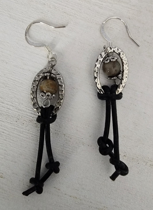 Leather and Silver Colored Earrings with Crazy Lace Agate - Wolf Moon Designs