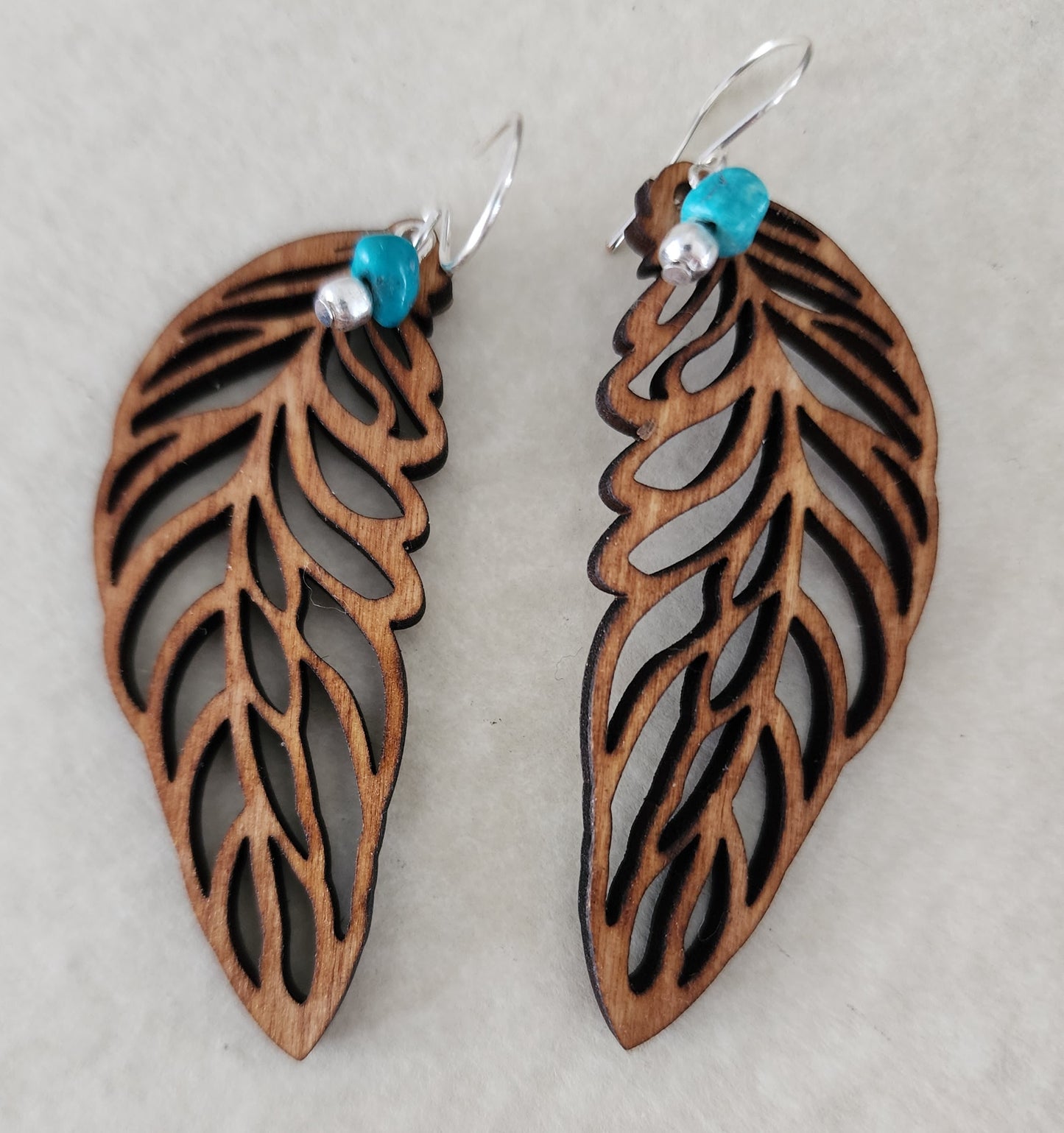 Wood Leaf & Turquoise Earrings - Wolf Moon Designs