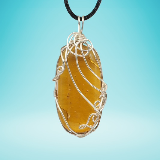 Yellow Wire Wrapped Glass Pendant