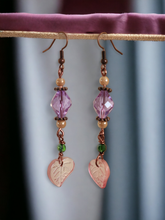 Pink and Lavender Leaf Dangle Earrings - Wolf Moon Designs