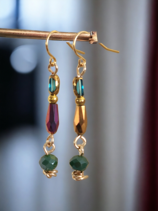 Teal, Rose and Gold Colored Crystal Drop Earrings - Wolf Moon Designs