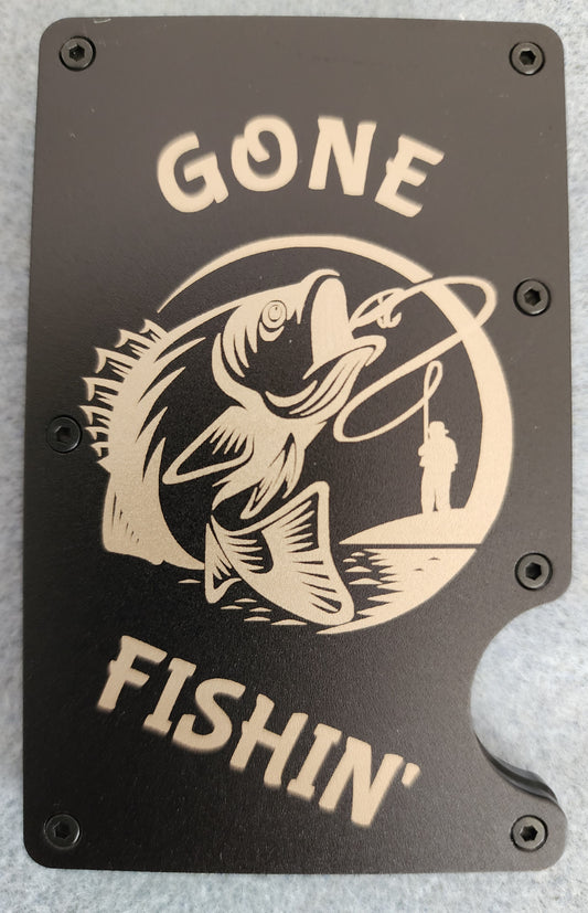 Gone Fishin' RFID Custom Slim Metal Wallet - Black - Wolf Moon Designs