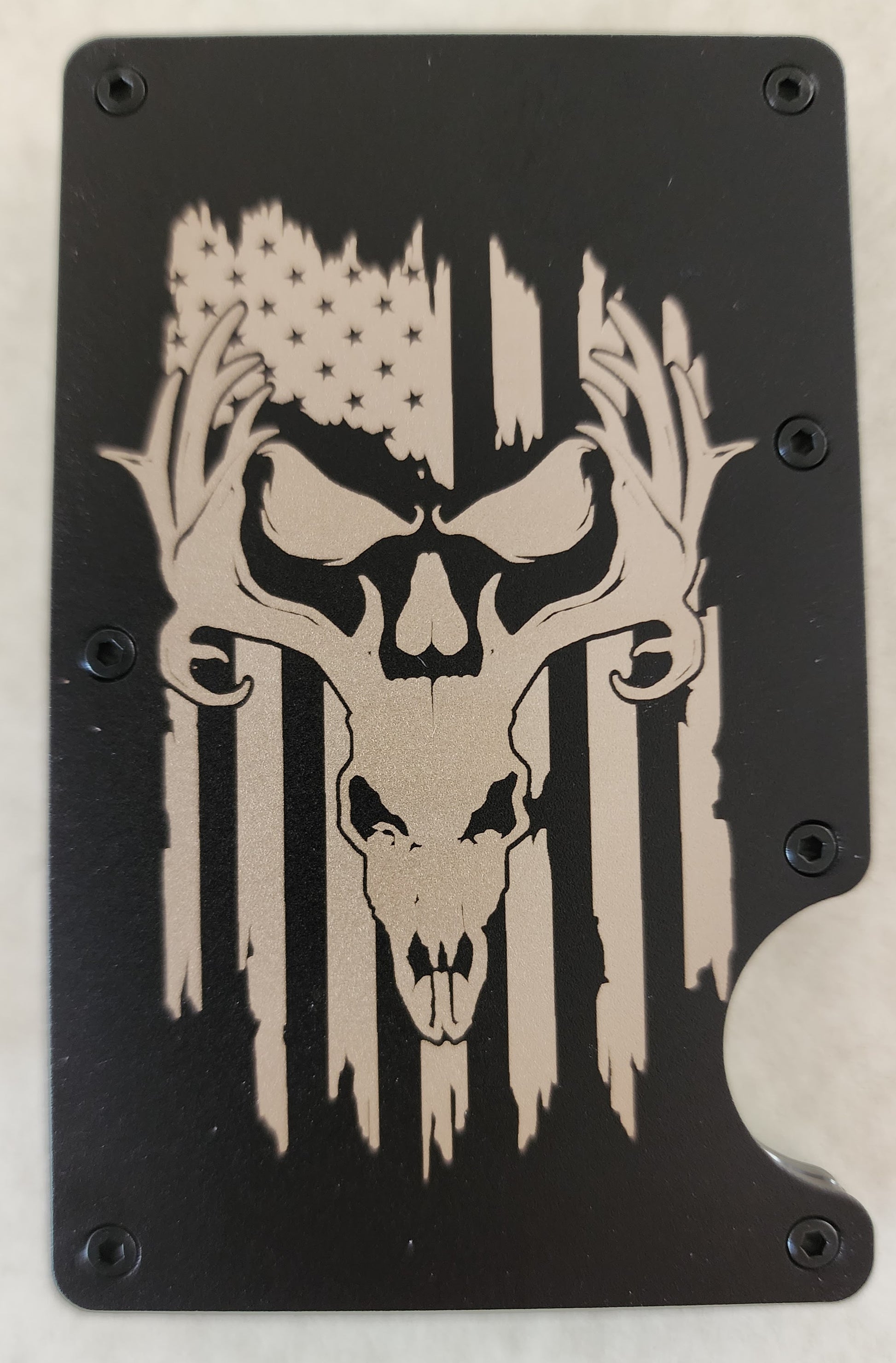 Hunter Deer Skull Flag RFID Custom Slim Metal Wallet - Black Wallet - Wolf Moon Designs