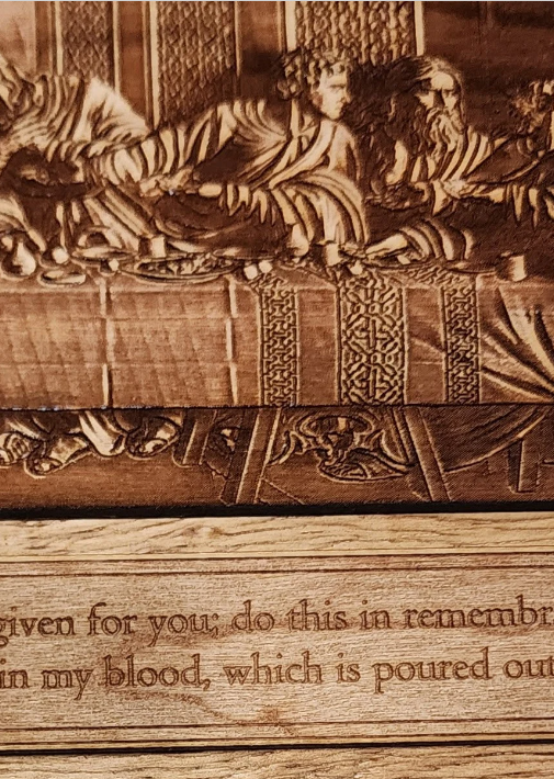 Laser Engraved "The Last Supper" cherry wood - Faux 3D Luke 22:19-20