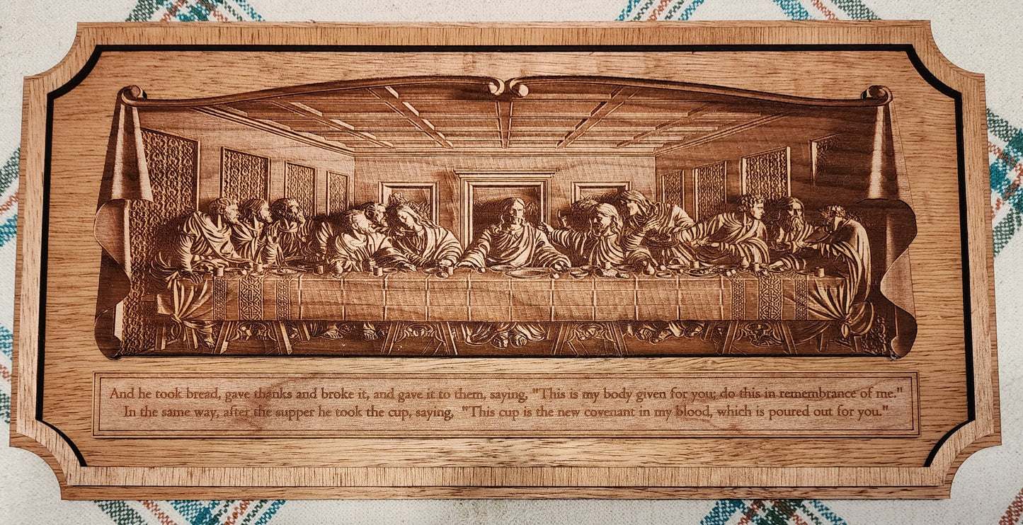 Laser Engraved "The Last Supper" cherry wood - Faux 3D Luke 22:19-20