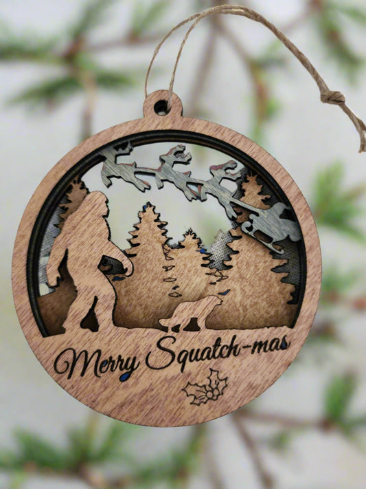 Merry Squatch-mas Wood Ornament - Wolf Moon Designs