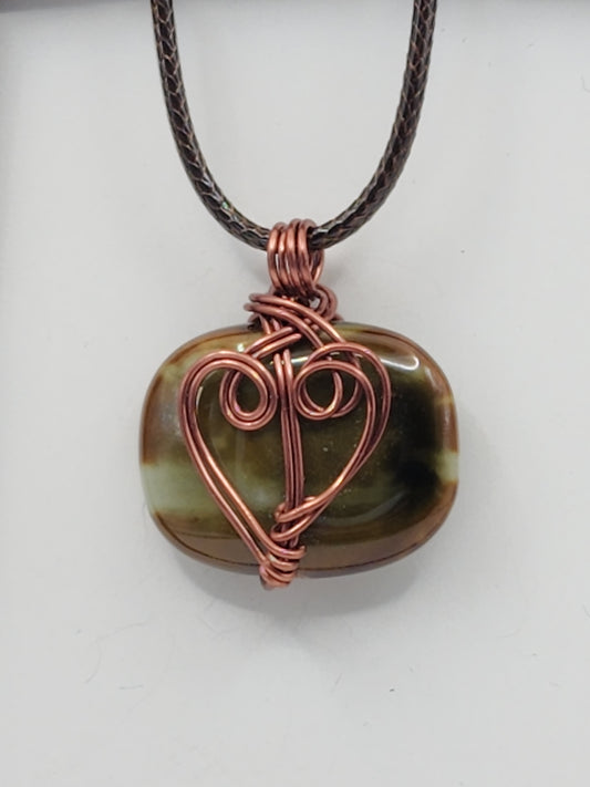 Green/Tan Wire Wrapped Pendant - Wolf Moon Designs