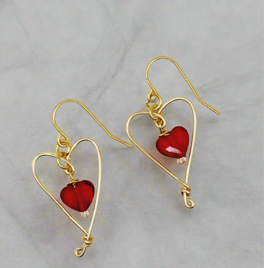 Red Heart Earrings in Gold Color Wire Framework - Wolf Moon Designs