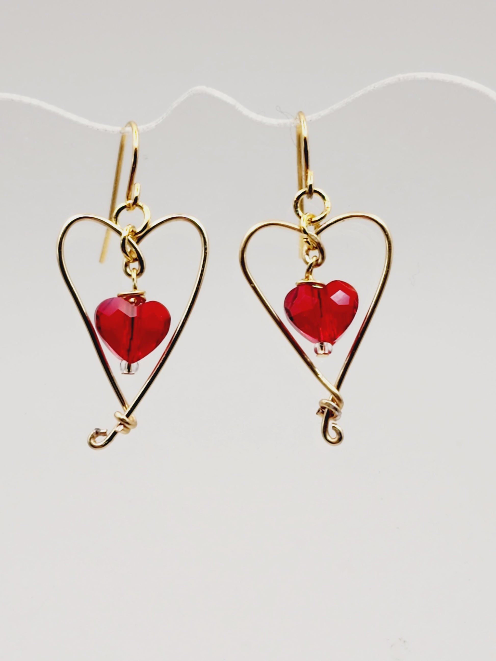 Red Heart Earrings in Gold Color Wire Framework - Wolf Moon Designs